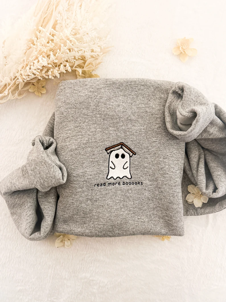 Embroidered Ghost Book Sweatshirt – Read More Booooks Crewneck