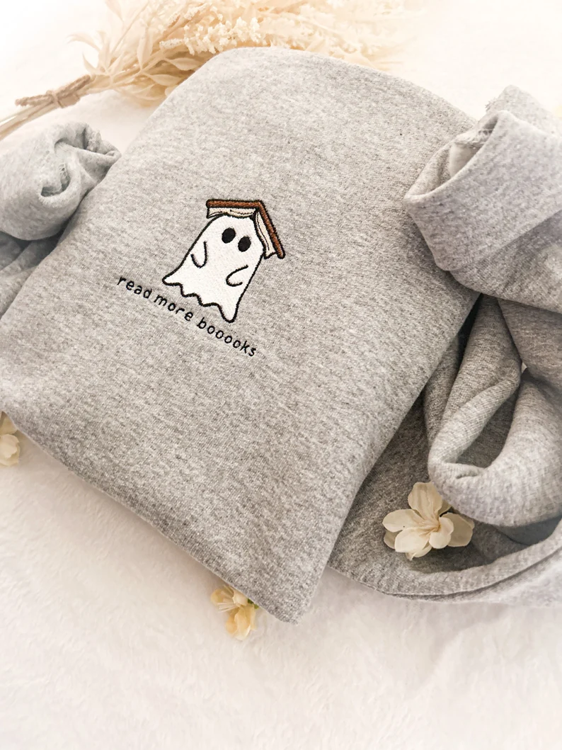 Embroidered Ghost Book Sweatshirt – Read More Booooks Crewneck