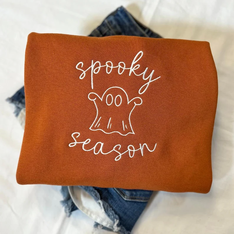Spooky Season Halloween Sweatshirt – Cute Ghost Embroidered Crewneck