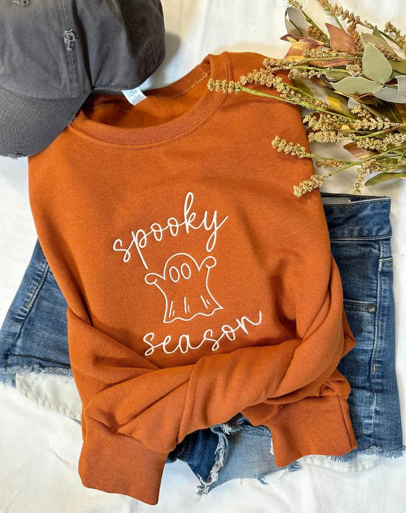 Spooky Season Halloween Sweatshirt – Cute Ghost Embroidered Crewneck