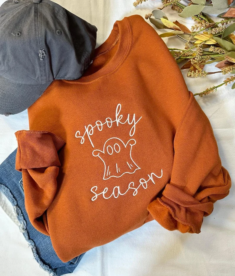 Spooky Season Halloween Sweatshirt – Cute Ghost Embroidered Crewneck