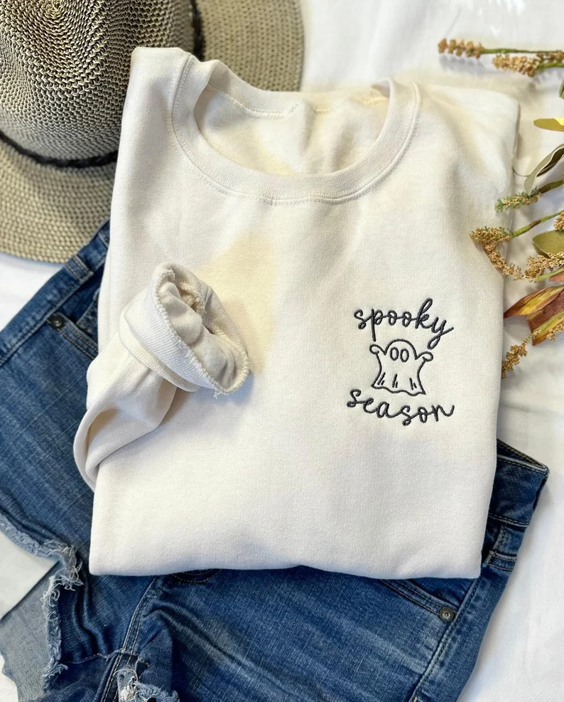 Spooky Season Halloween Sweatshirt – Cute Ghost Embroidered Crewneck
