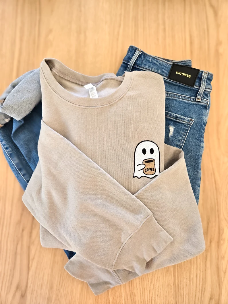 Halloween Sweatshirt – Cute Ghost with Coffee Embroidered Crew