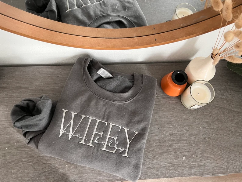 Personalized Embroidered Wife Sweatshirt – Custom Last Name Gift