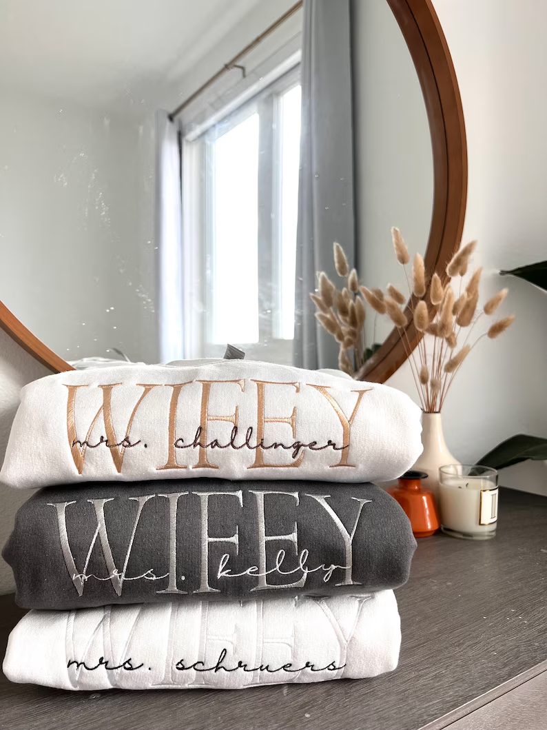 Personalized Embroidered Wife Sweatshirt – Custom Last Name Gift
