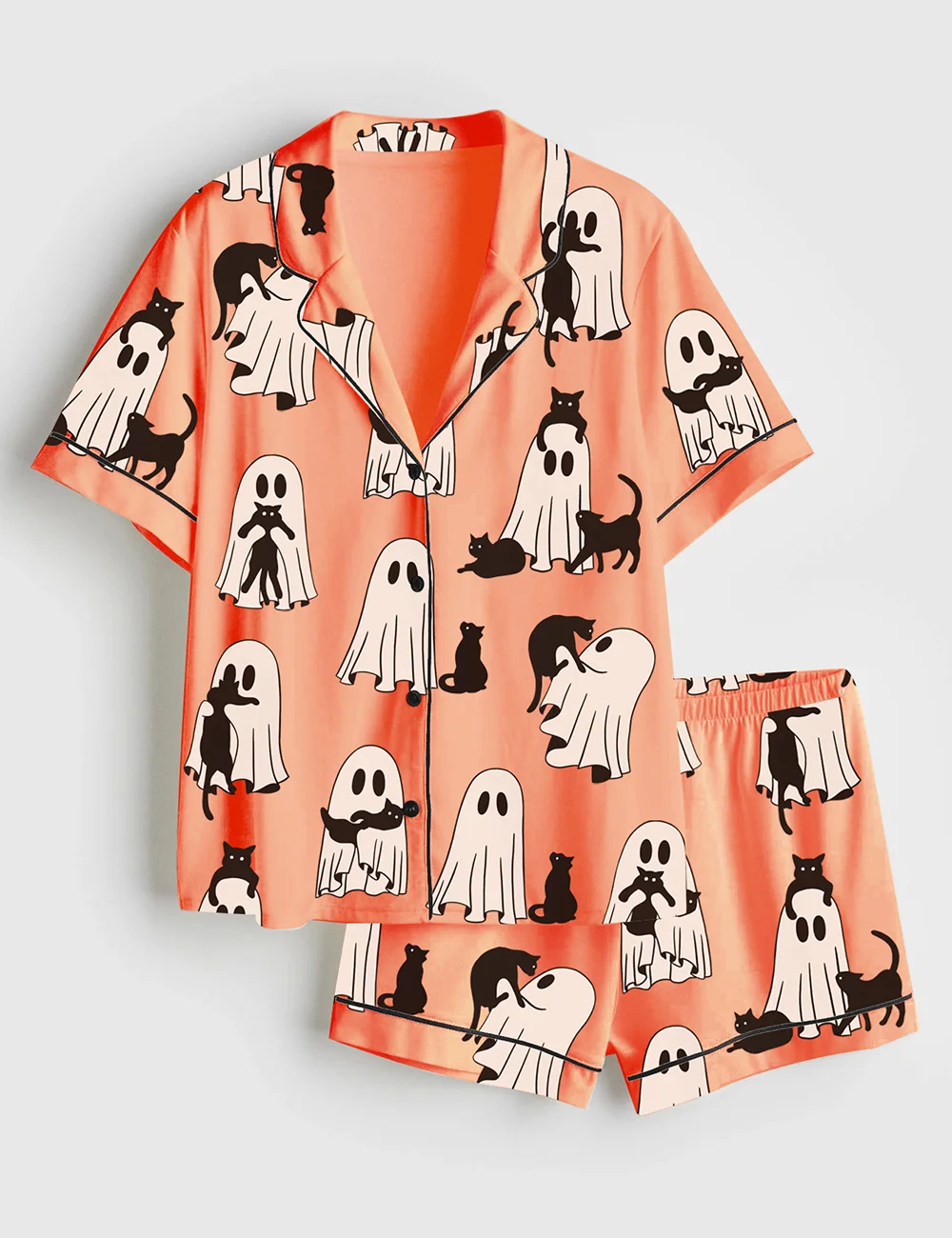 Halloween Ghost Pajama Set – Women’s Retro Ghost Cat Satin PJs