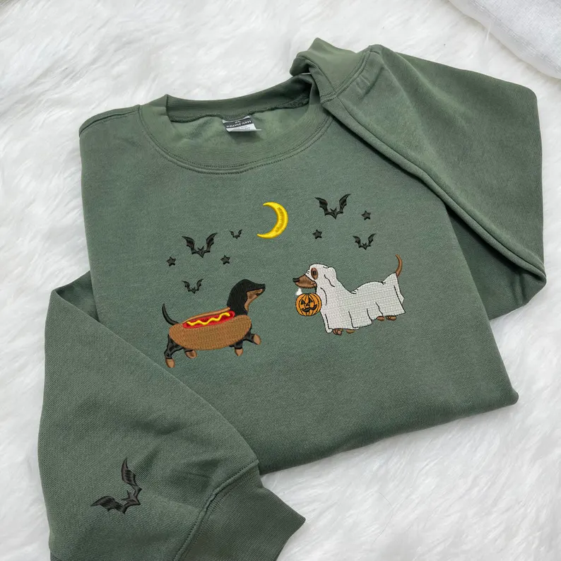 Halloween Dog Sweatshirt – Dachshund Embroidered Pup Crewneck, Spooky Season Shirt