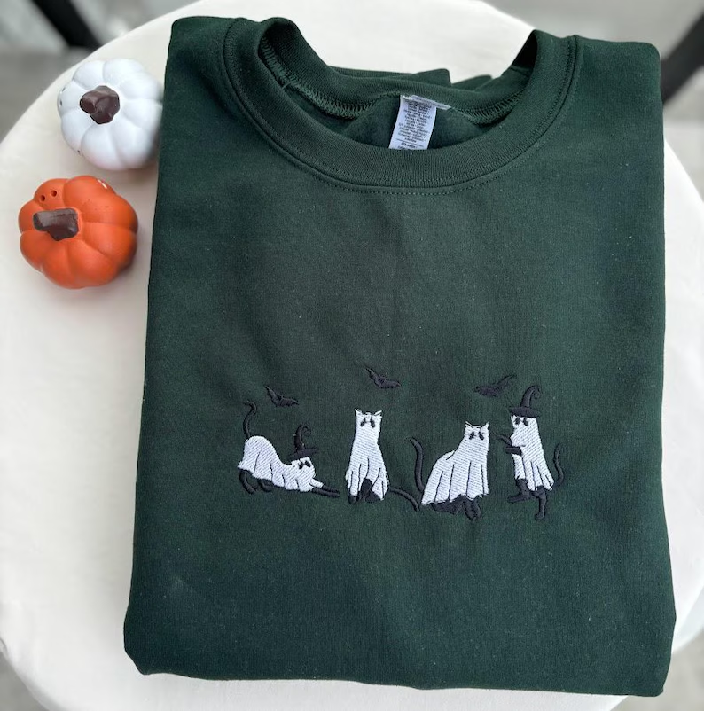 Retro Halloween Sweatshirt – Ghost Cats Embroidered Crewneck, Cozy Fall Sweater