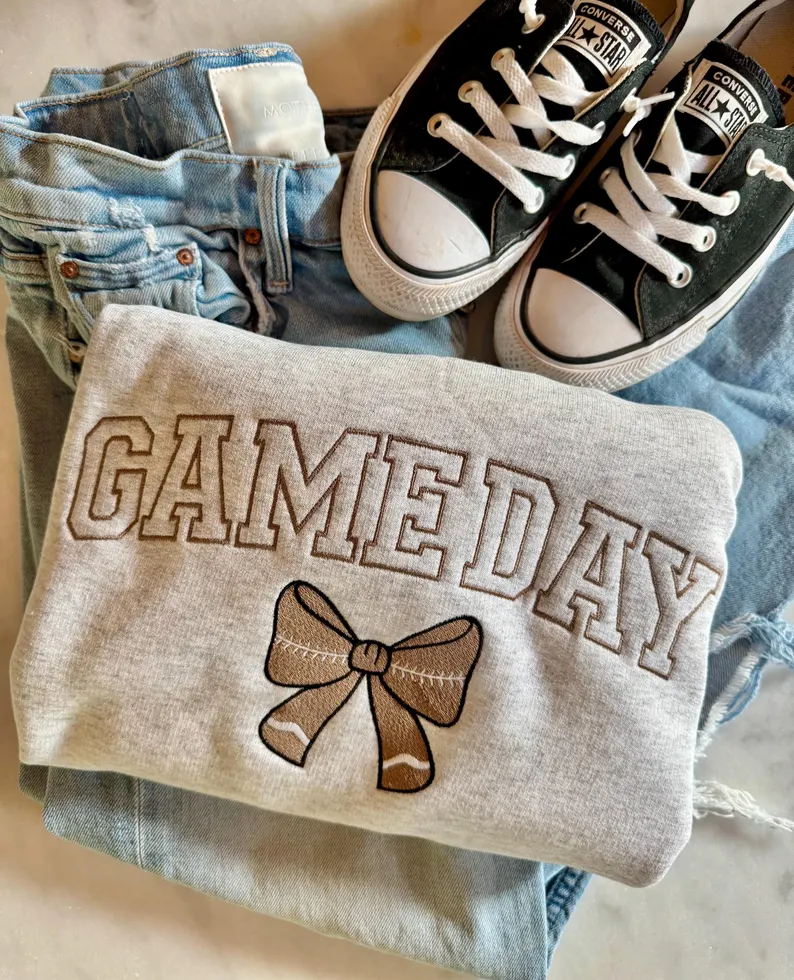 Embroidered Football Bow Sweatshirt – Cozy Game Day Crewneck
