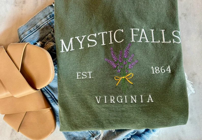 Comfort Colors® Mystic Falls Embroidered Tee – Vampire Diaries Fan Shirt