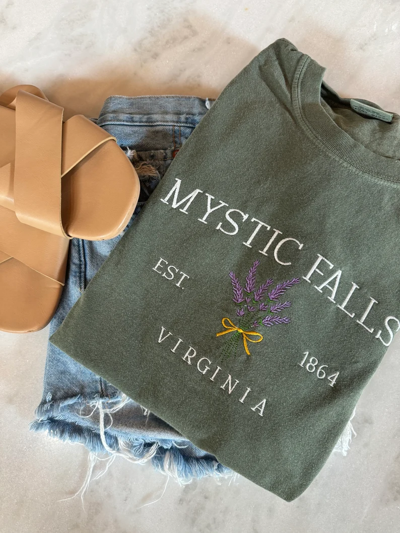 Comfort Colors® Mystic Falls Embroidered Tee – Vampire Diaries Fan Shirt