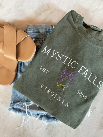 Comfort Colors® Mystic Falls Embroidered Tee – Vampire Diaries Fan Shirt