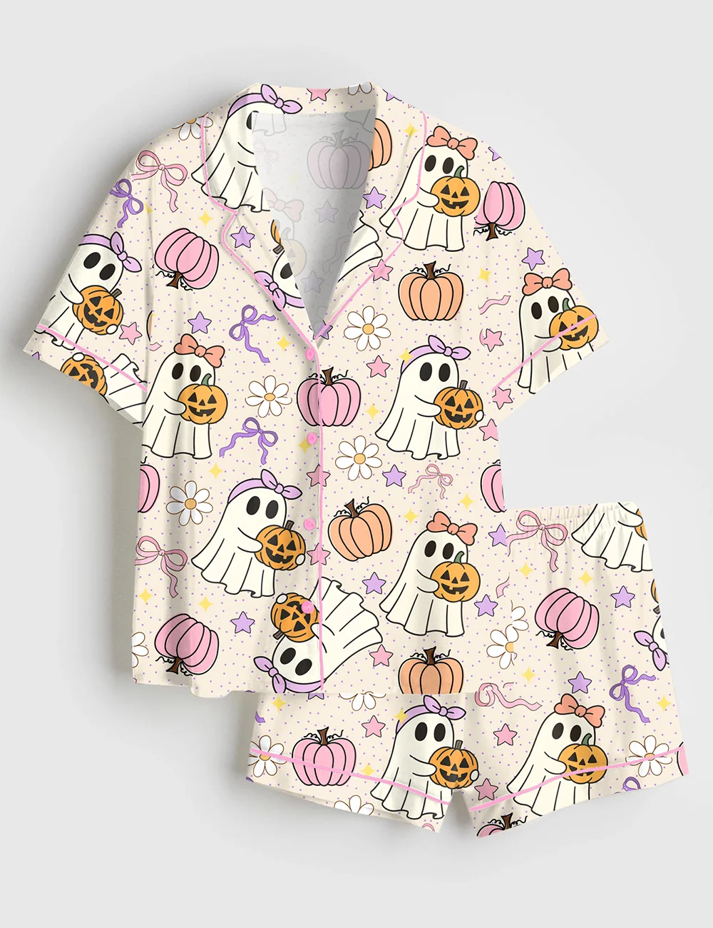 Women’s Halloween Pajama Set – Cute Ghosts & Pumpkins Satin PJs