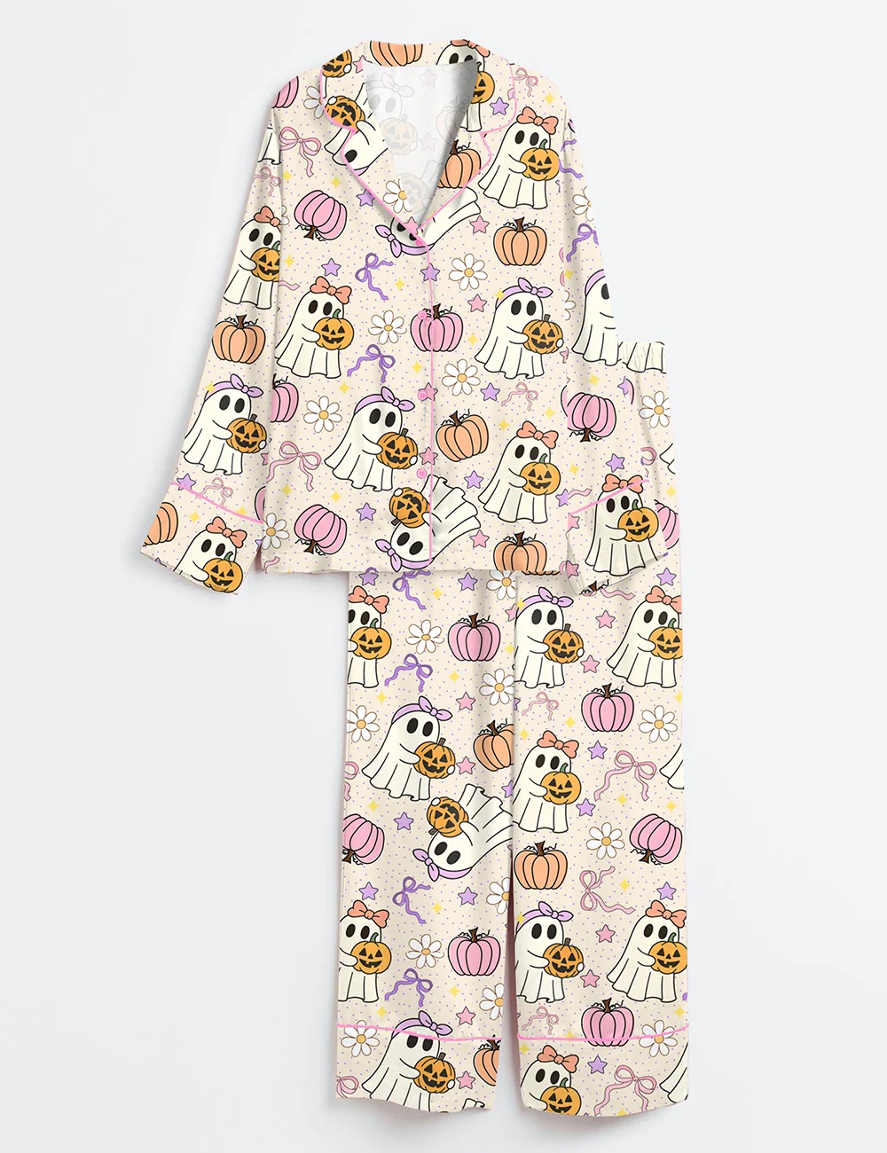 Women’s Halloween Pajama Set – Cute Ghosts & Pumpkins Satin PJs