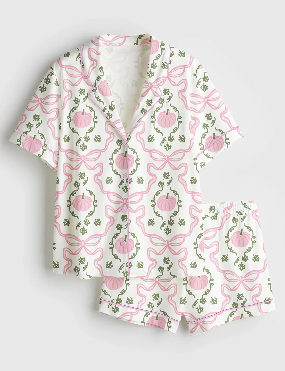 Pink Pumpkin & Bow Trellis Satin Sleepwear- Women’s Fall Pajama Set