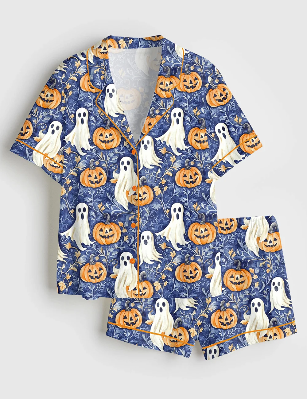 Women’s Ghost & Pumpkin Pajama Set – Preppy Halloween Satin Sleepwear