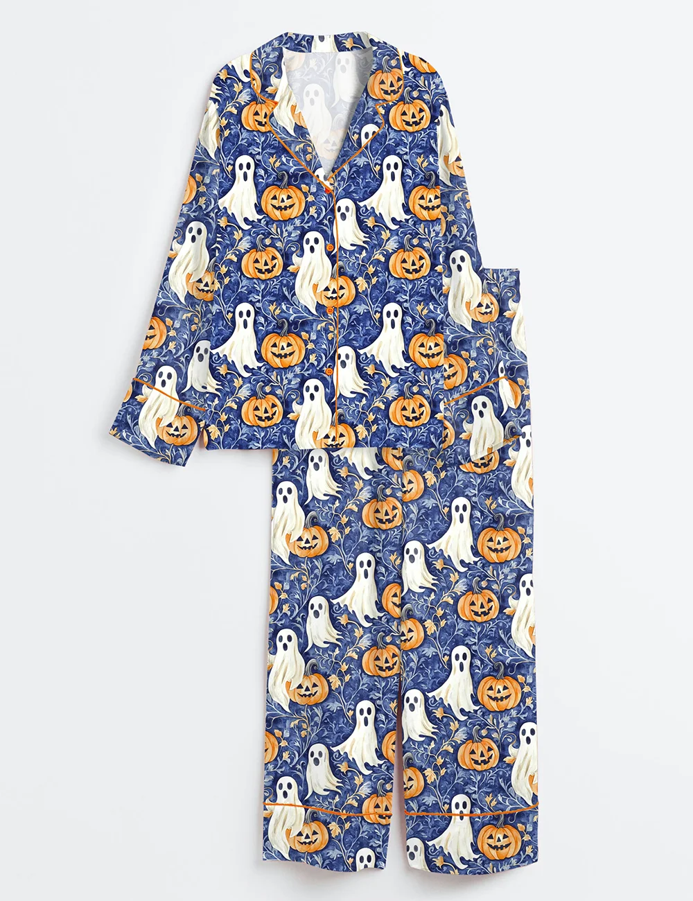 Women’s Ghost & Pumpkin Pajama Set – Preppy Halloween Satin Sleepwear