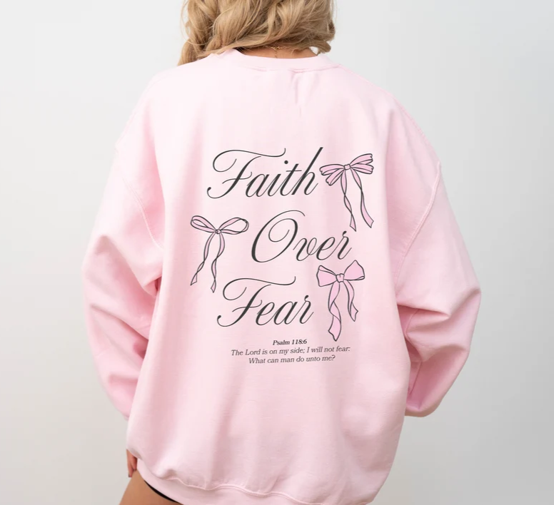 Faith Over Fear Crewneck with Bow Design- Coquette Christian Sweatshirt