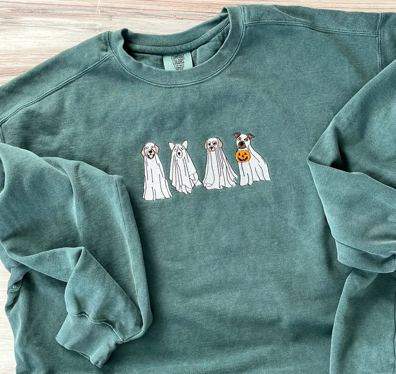 Comfort Colors Ghost Sweatshirt – Cute Dog Ghost Embroidery for Spooky Season