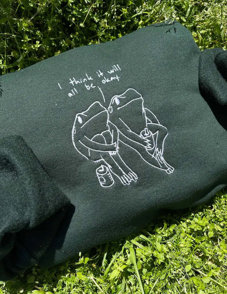 Frog Embroidered Self-Care Sweatshirt – “I Think It Will All Be Okay” Retro Crewneck