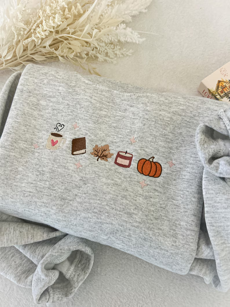 Book Lover Fall Embroidered Sweatshirt – Cozy Autumn Pumpkin Coffee Shirt