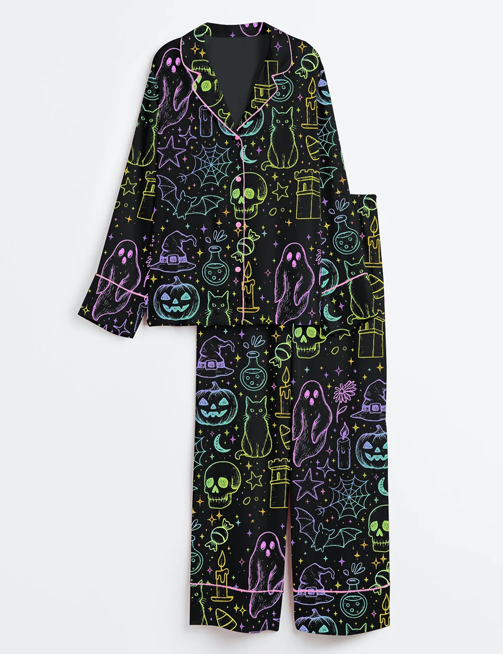 Women’s Halloween Neon Boo Ghost Pajama Set-Coquette Spooky Season Horror Movie Horror Night