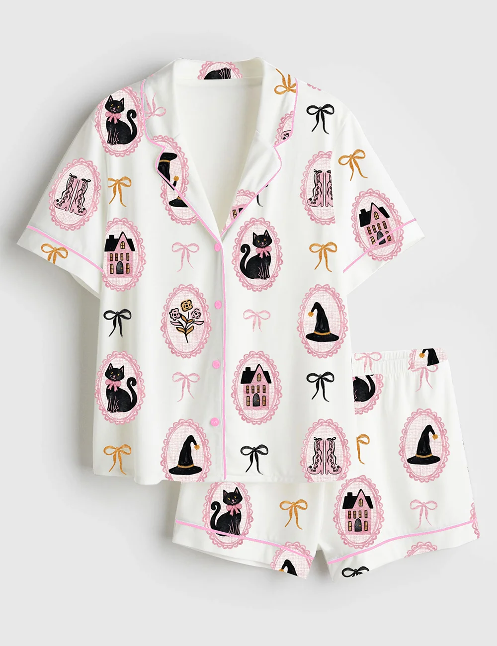 Coquette Bow Black Cat Satin Pajama Set – Cute Pink & Black Halloween PJs