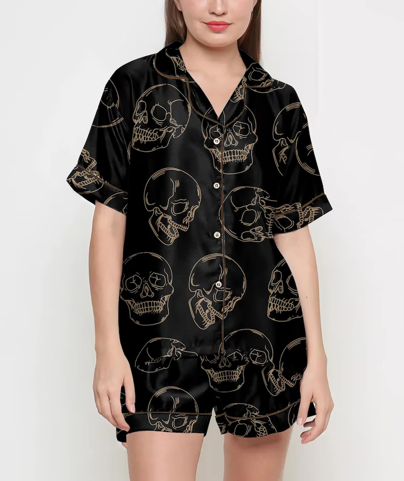 Skeleton Halloween Satin Pajama Set – Spooky Fall PJs