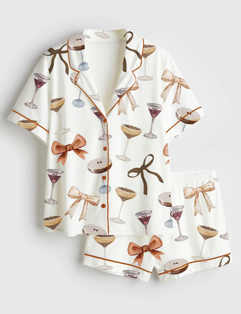 Espresso Martini Satin Pajama Set – Women’s Coquette Bow Short Sleeve PJs