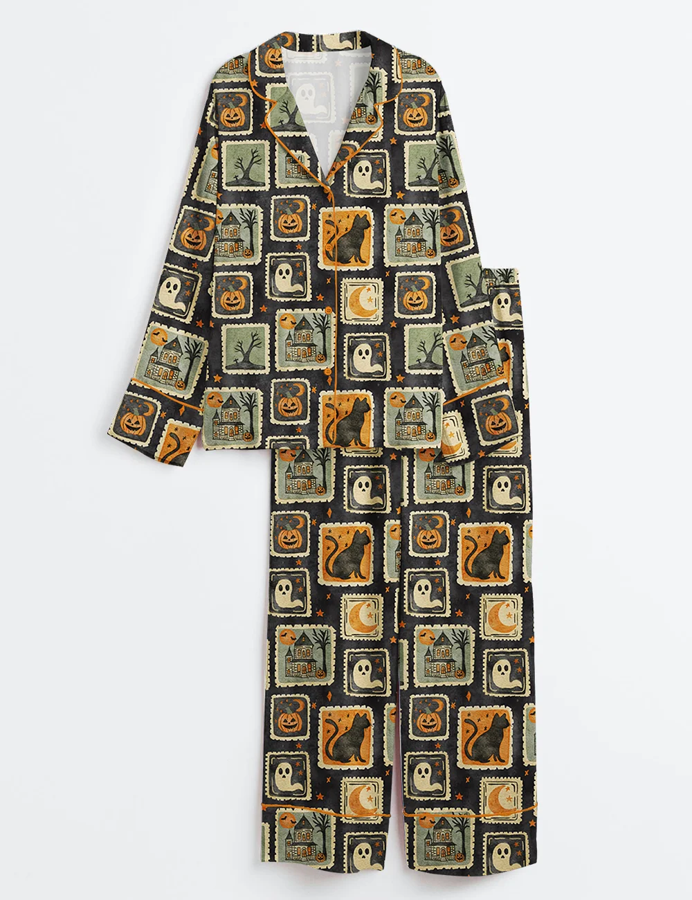 Women’s Watercolor Halloween Pajama Set – Ghost, Black Cat & Haunted House Satin PJs