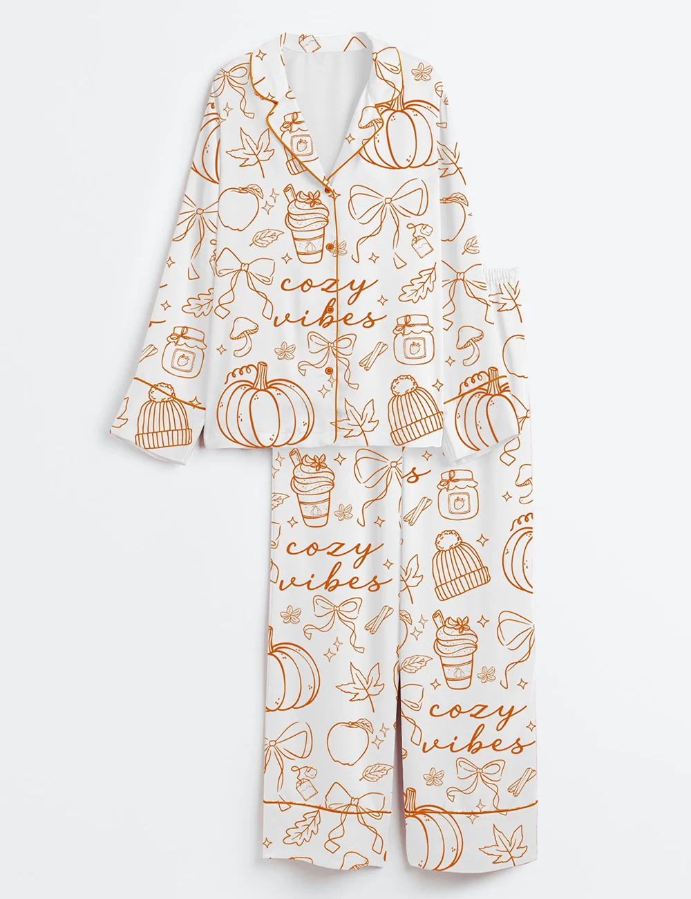 Women’s Coquette Pumpkin Spice Latte Pajama Set – Fall Cozy Satin PJs