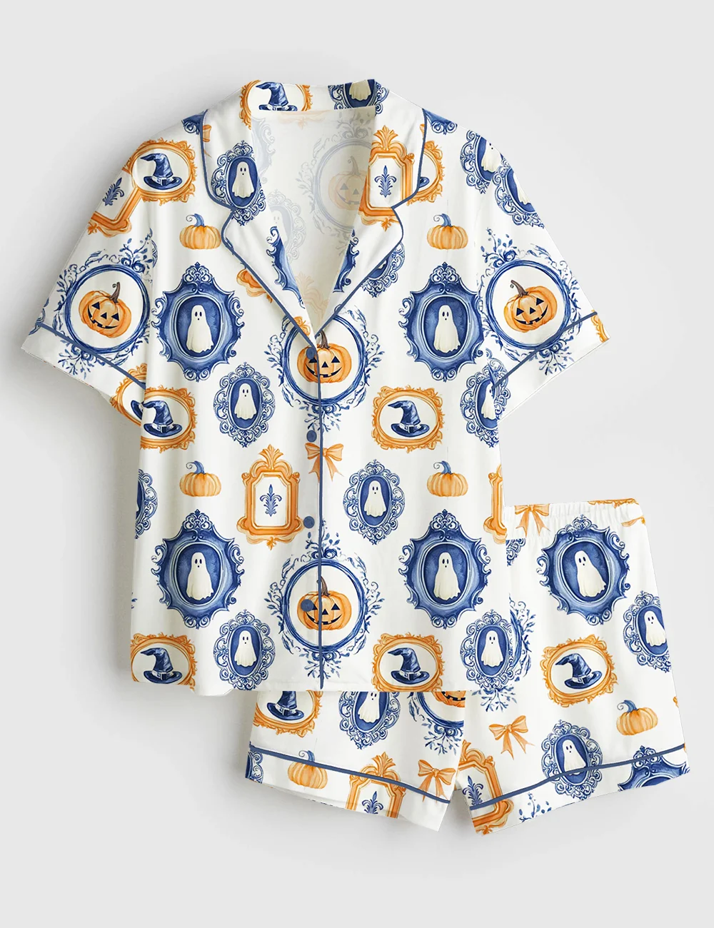 Women’s Autumn Halloween Satin Pajama Set – Pumpkin Spice & Ghost Print Short Sleeve PJs