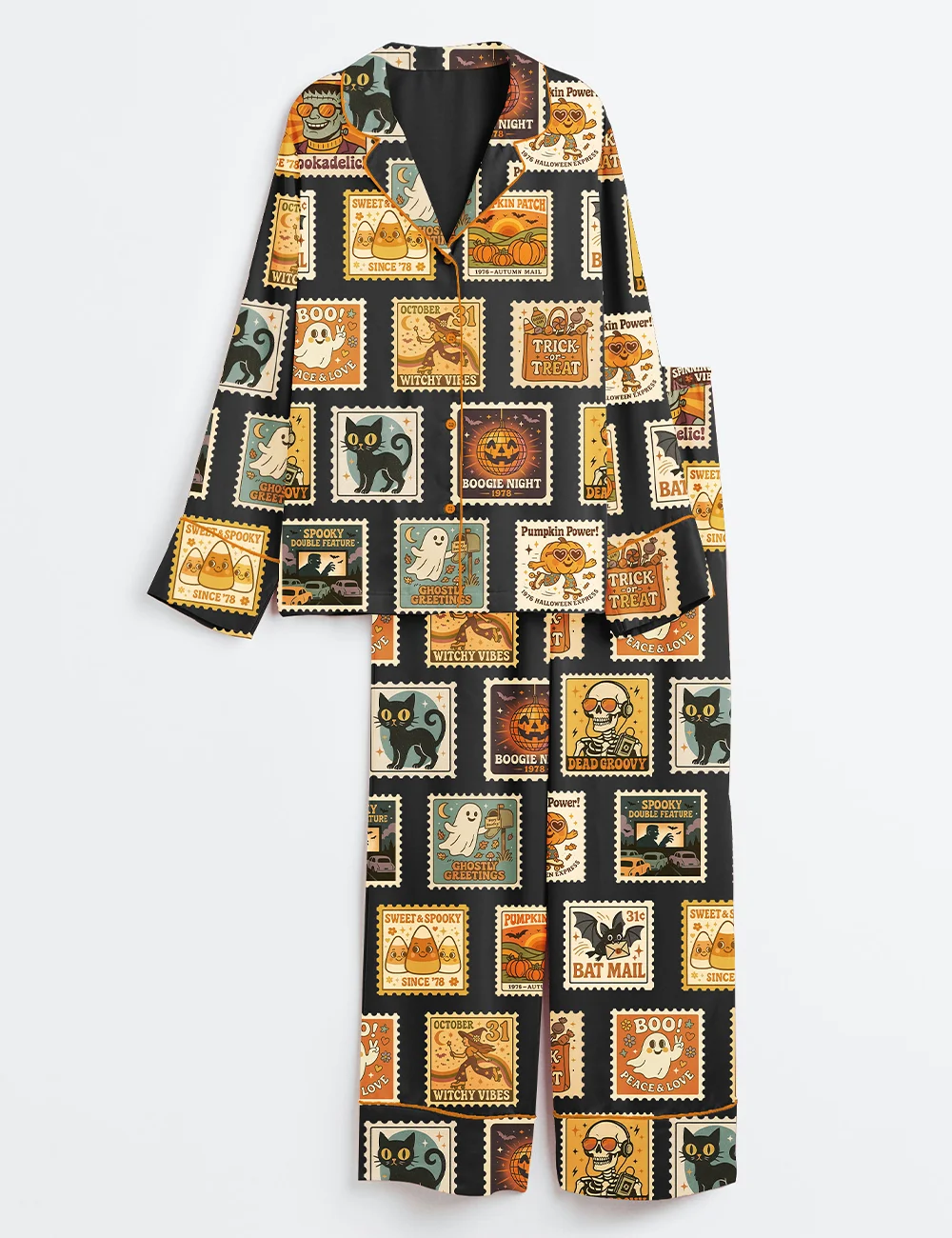 Women’s Vintage Halloween Satin Pajama Set – Pumpkin Postage Stamp Long Sleeve PJs