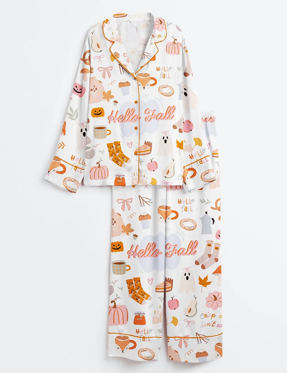 Women’s Fall Cozy Halloween Satin Pajama Set – Pumpkin Spice & Ghost Print