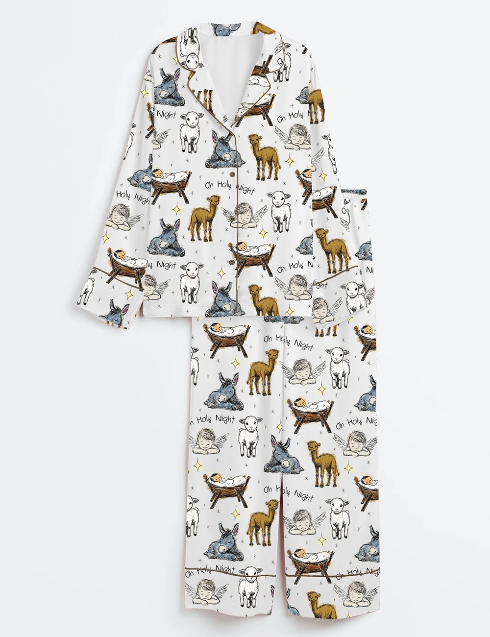 Women’s Baby Jesus Christmas Satin Pajama Set – Manger & Animals PJs