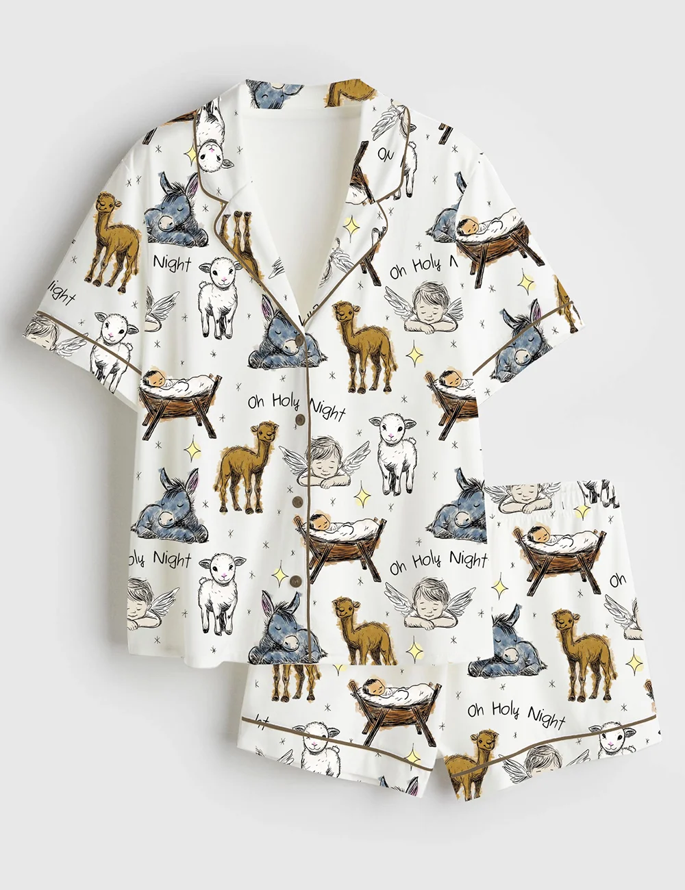 Women’s Baby Jesus Christmas Satin Pajama Set – Manger & Animals PJs