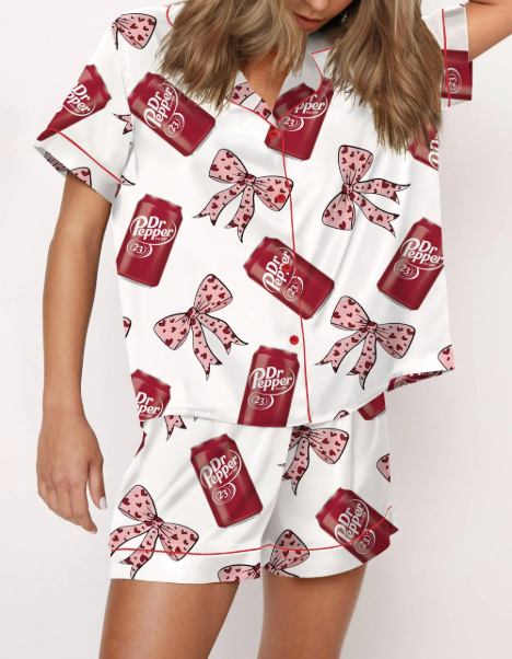Women’s Pink Pepper Drink Coquette Bow Satin Pajama Set