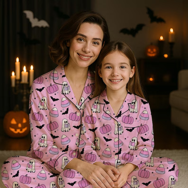 Cute Purple Ghost Reading Book Pajamas Set
