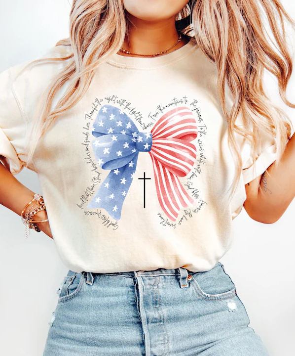 Patriotic Coquette Bow Tee – God Bless America 4th of July Shirt Comfort Colors®