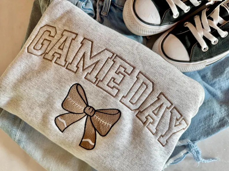 Embroidered Football Bow Sweatshirt – Cozy Game Day Crewneck