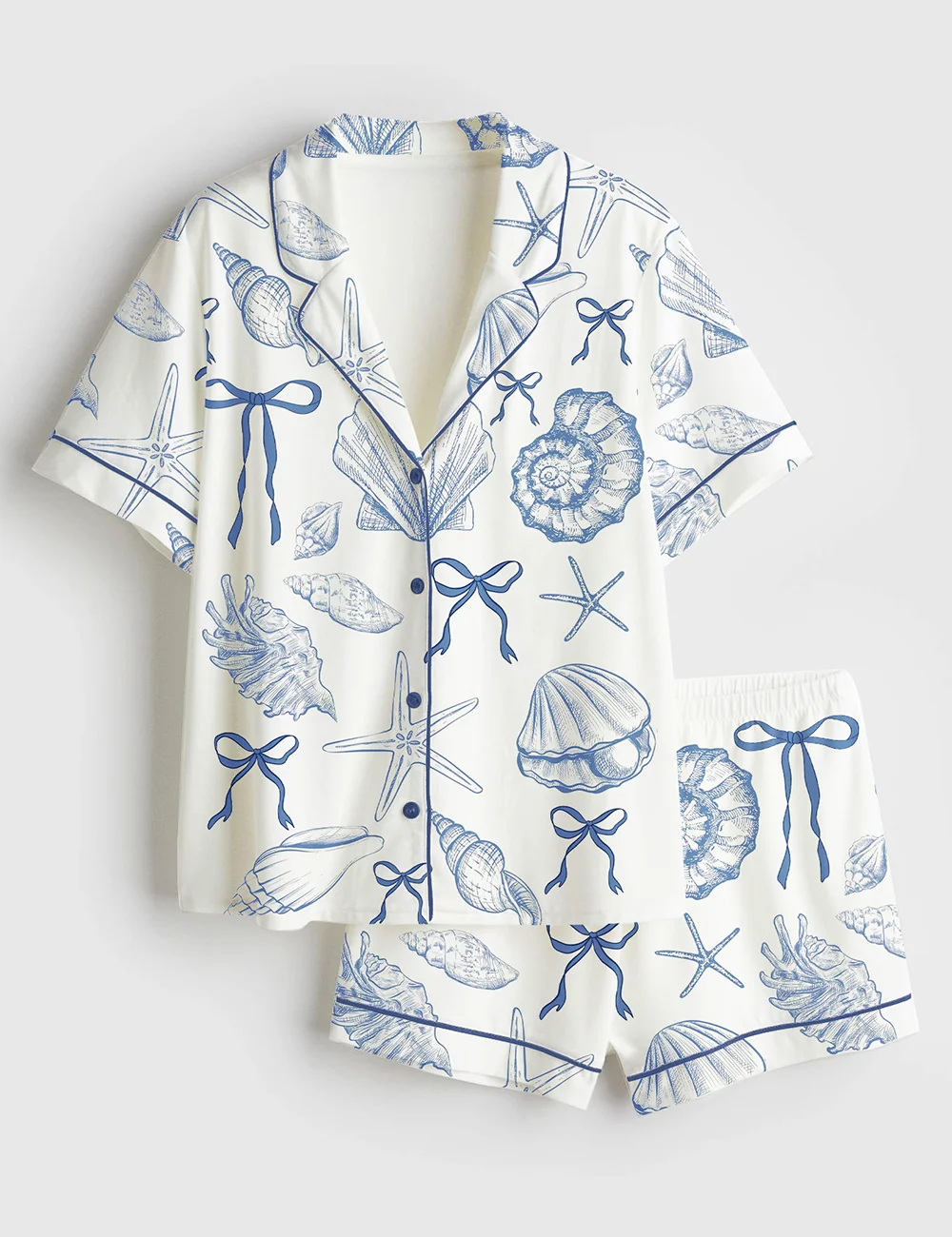 Coquette Seashell Coastal Satin Pajama Set – Women’s Beachy Summer Short Sleeve PJs