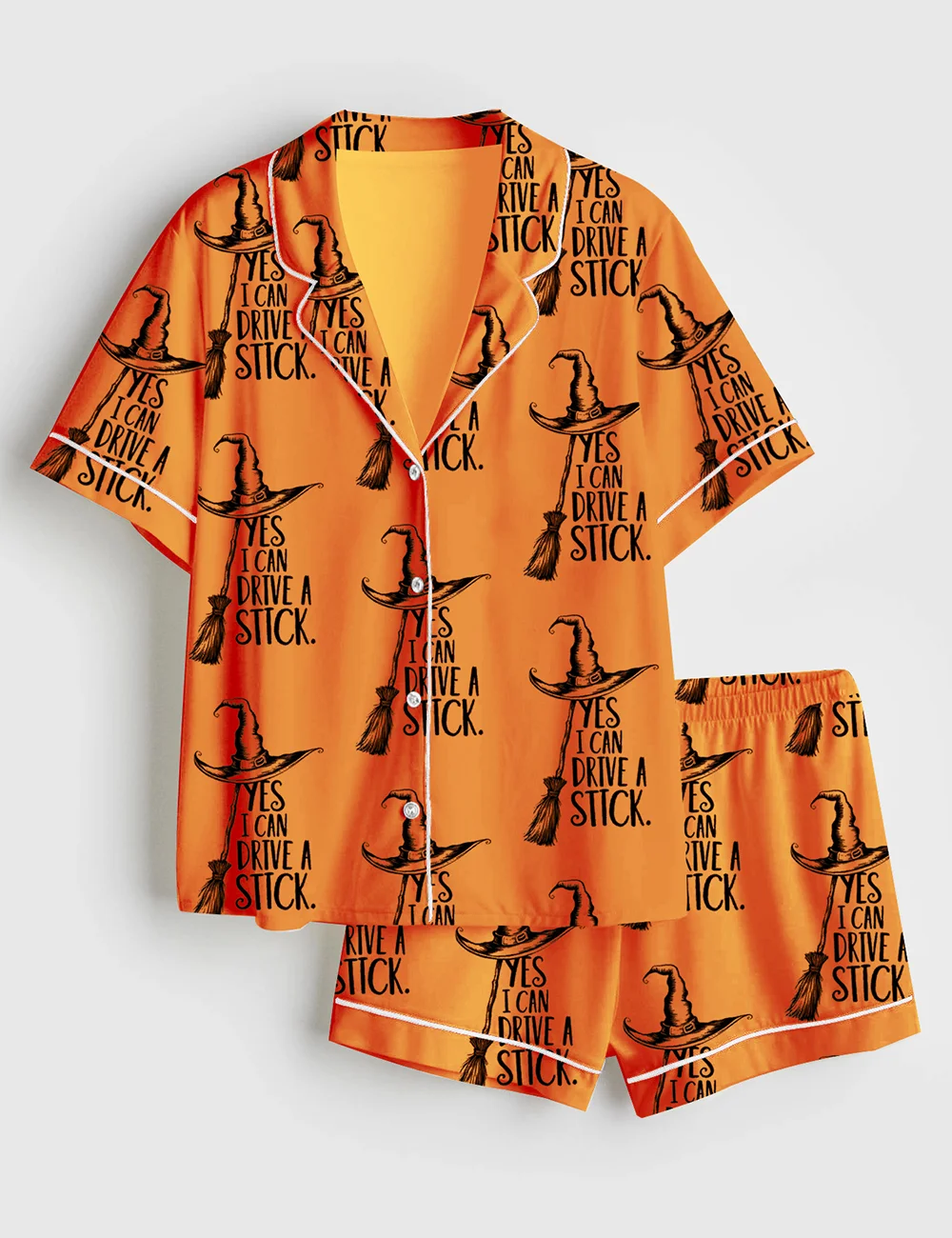 Yes I Can Drive A Stick Pajama Set – Women’s Halloween Witch Long Sleeve Satin PJs