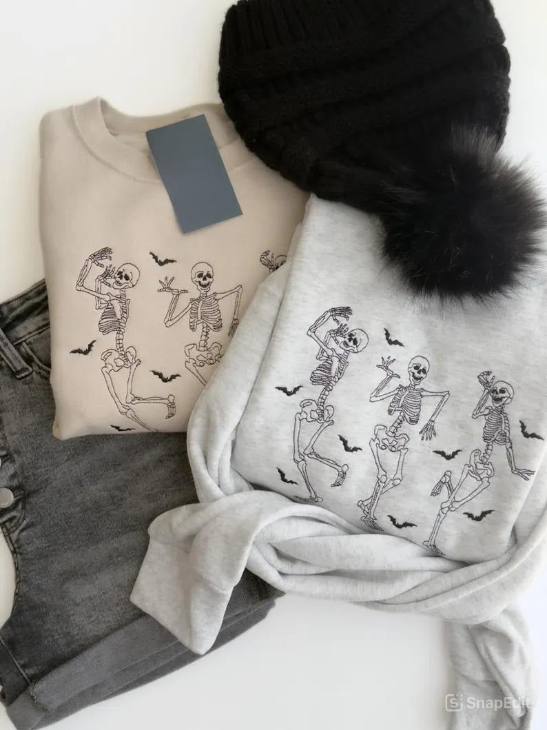 Embroidered Dancing Skeletons Halloween Sweatshirt