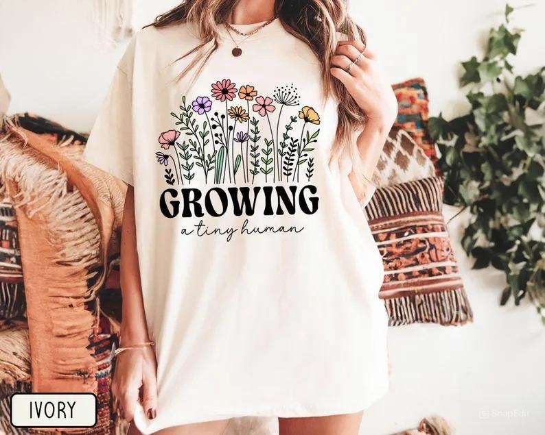 Tiny Human Pregnancy Tee – Spring Flowers Baby Reveal & Funny Mom Shirt