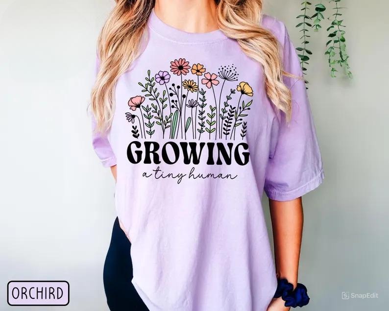Tiny Human Pregnancy Tee – Spring Flowers Baby Reveal & Funny Mom Shirt