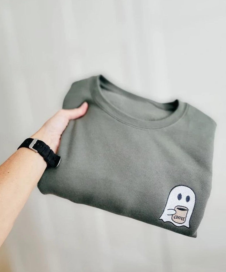 Halloween Sweatshirt – Cute Ghost with Coffee Embroidered Crew