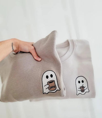 Halloween Sweatshirt – Cute Ghost with Coffee Embroidered Crew