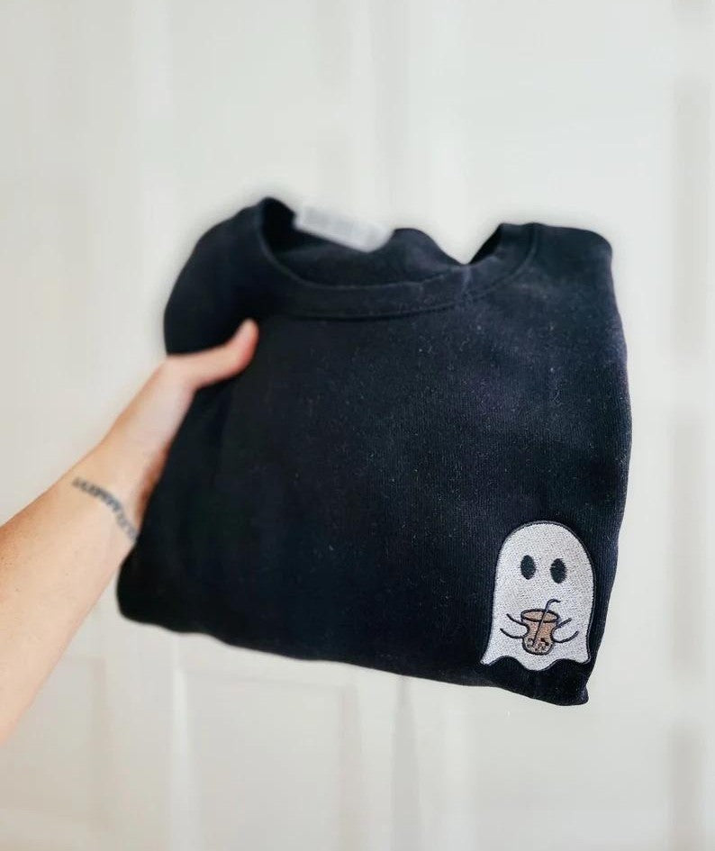 Halloween Sweatshirt – Cute Ghost with Coffee Embroidered Crew