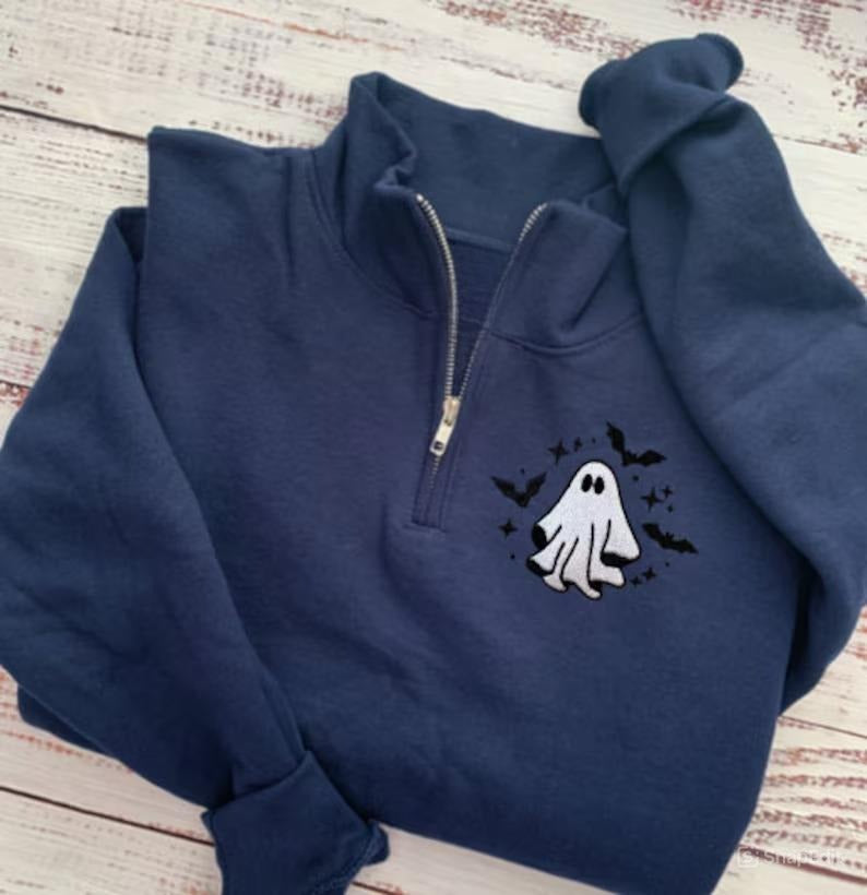 Spooky Season Sweatshirt – Embroidered Ghost Halloween Shirt (1/4 Zip)
