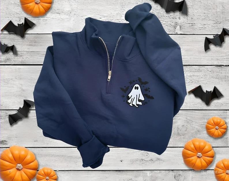Spooky Season Sweatshirt – Embroidered Ghost Halloween Shirt (1/4 Zip)